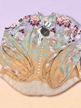by TiMo Wallpaper Floral Blouse NWT Size Small Romantic Satin Button Front Top